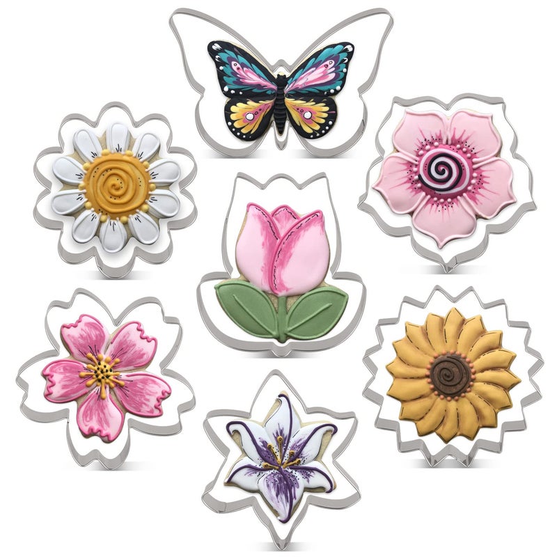 LILIAO Flowers Cookie Cutter Set - 7 Piece - Lily, Daisy, Sunflower, Cherry Blossoms, Tulip, Kapok Flowers and Butterfly Biscuit Fondant Cutters - Stainless Steel - Image 1
